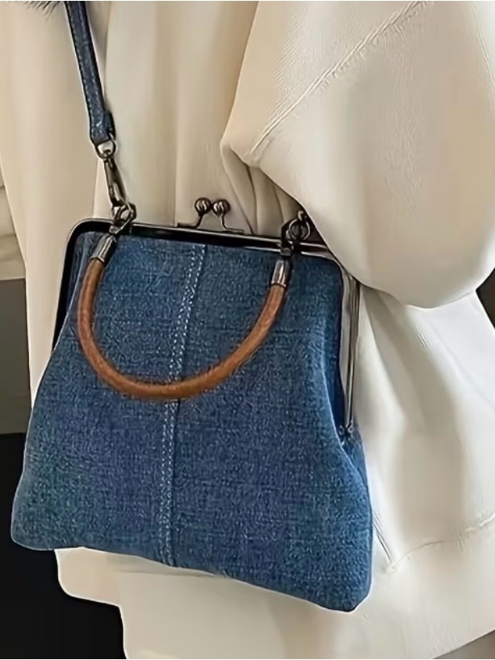 Denim Frame Top-Handle Bag with Brown Leather Handle